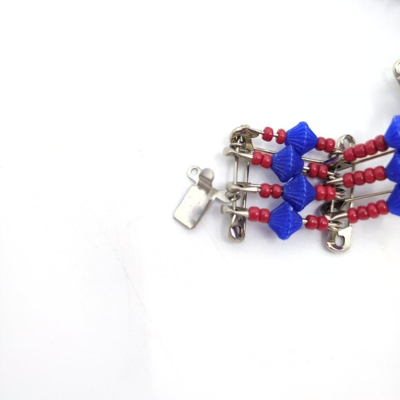 VTG Handmade Native Squash Blossom‎ Crescent Moon Necklace Blue Red Safety Pins - Picture 8 of 9